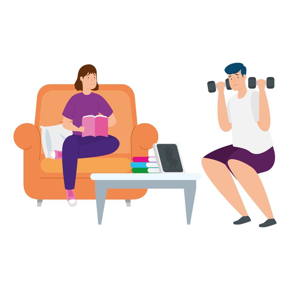 young couple reading book and lifting dumbbells vector