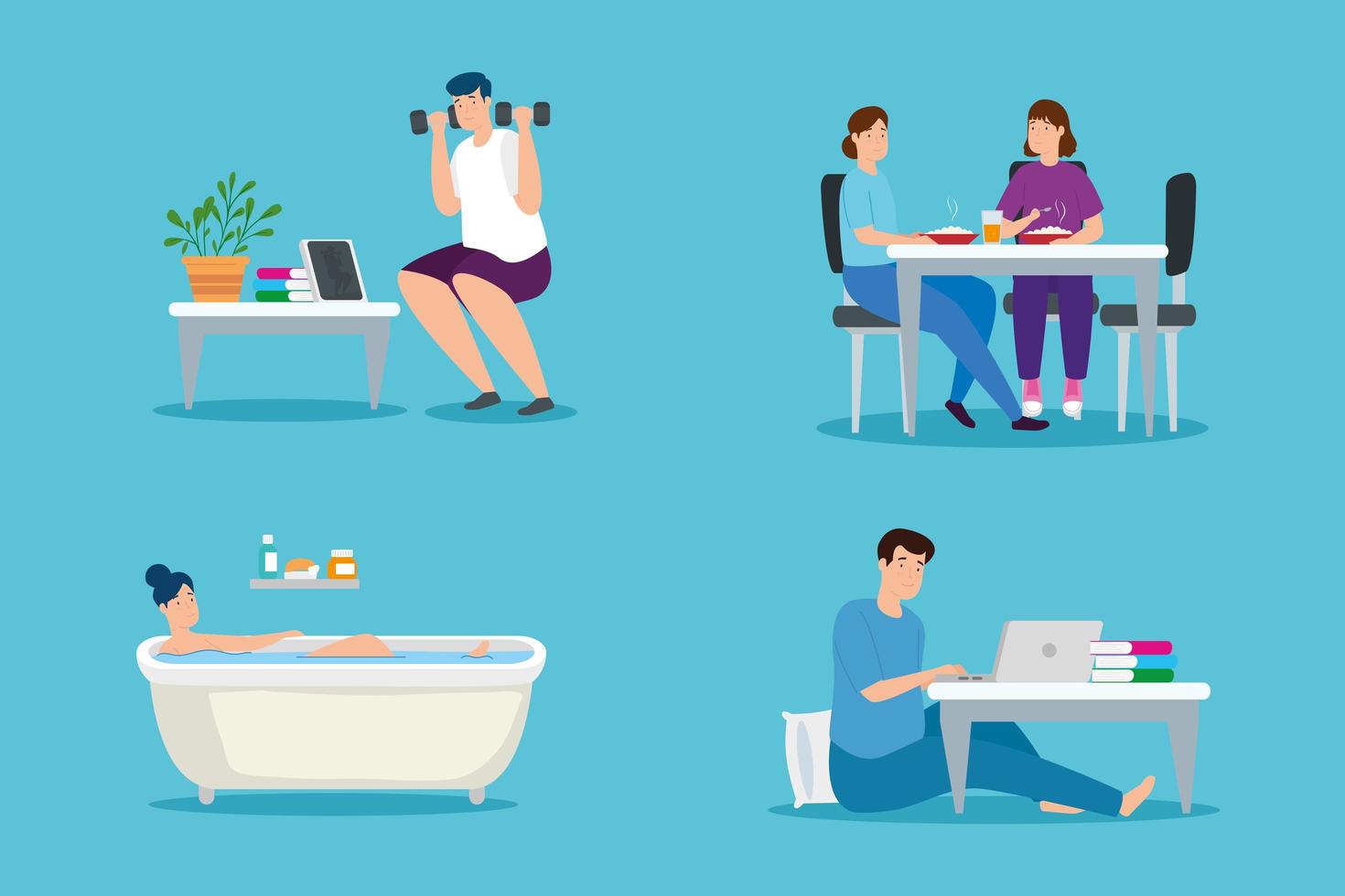 young people stay at home characters vector