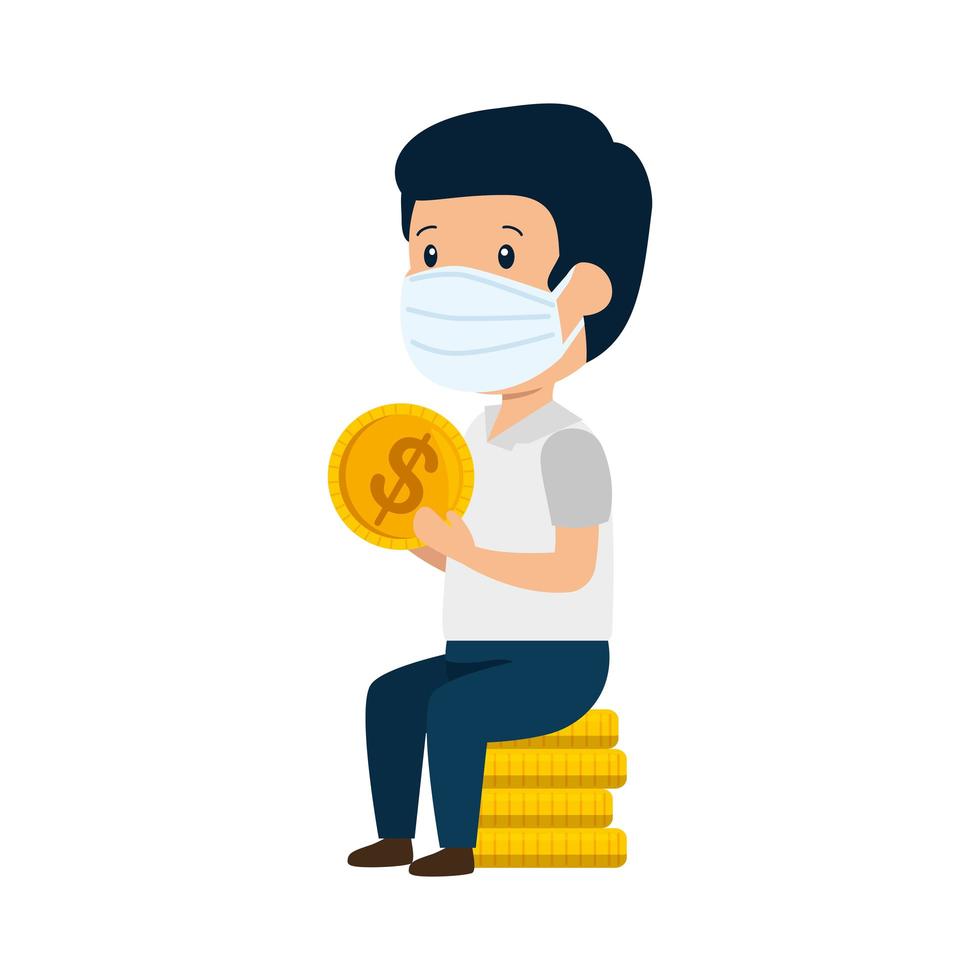 businessman using face mask sitting in pile coins vector