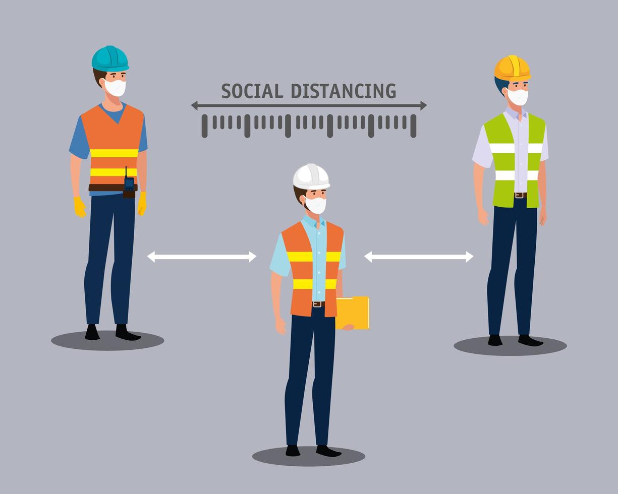 constructores que utilizan máscaras faciales y distanciamiento social para covid19 vector