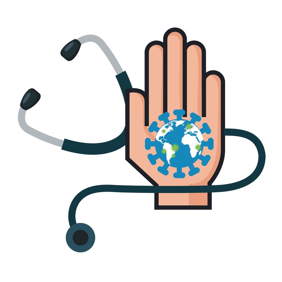 world planet with particles covid 19 in hand and stethoscope vector
