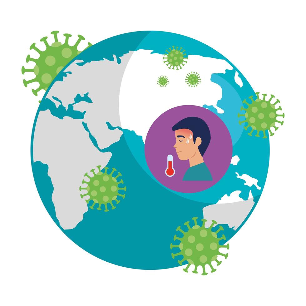 planet earth with covid19 particles and man sick vector