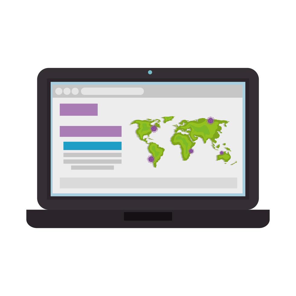 mapas de la tierra con partículas covid19 en la computadora portátil vector