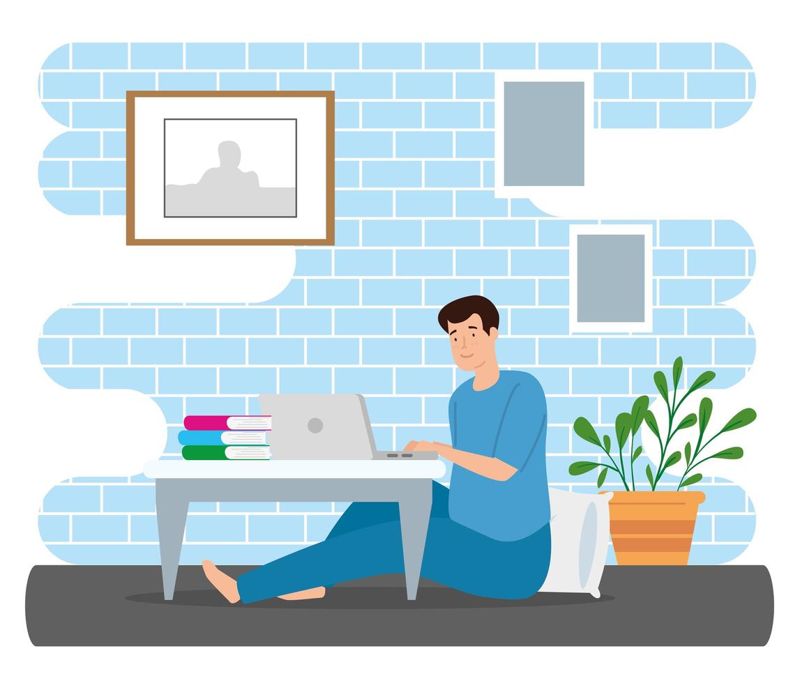 young man stay at home using laptop vector