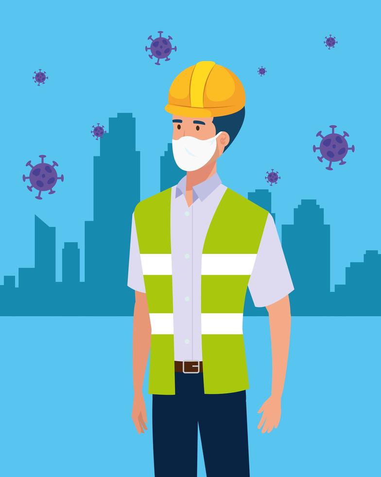 trabajador constructor usando mascarilla para covid19 vector