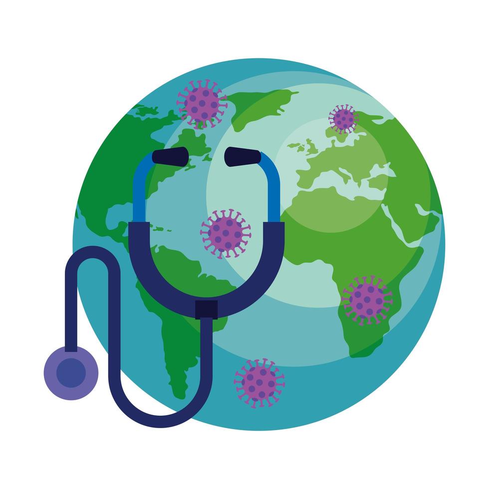 world planet with particles covid 19 and stethoscope vector