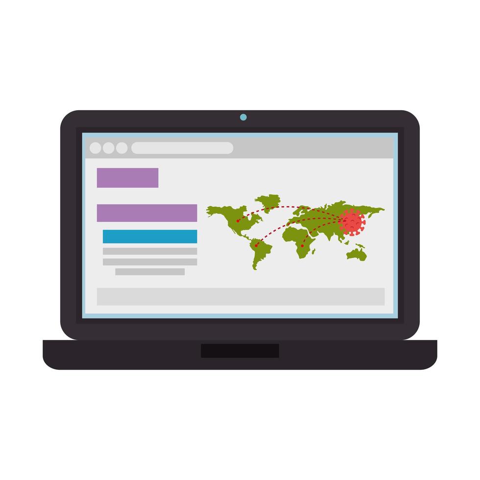 earth maps with covid19 particles in laptop vector