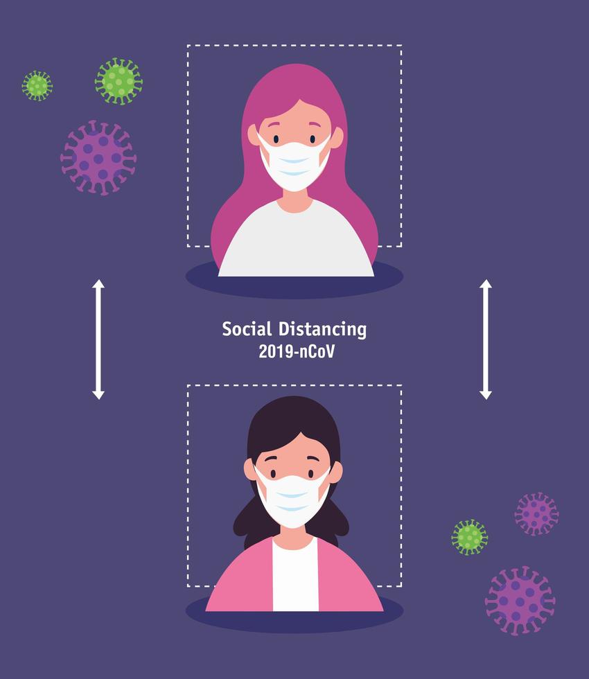 mujeres que usan mascarilla y distanciamiento social para covid19 vector