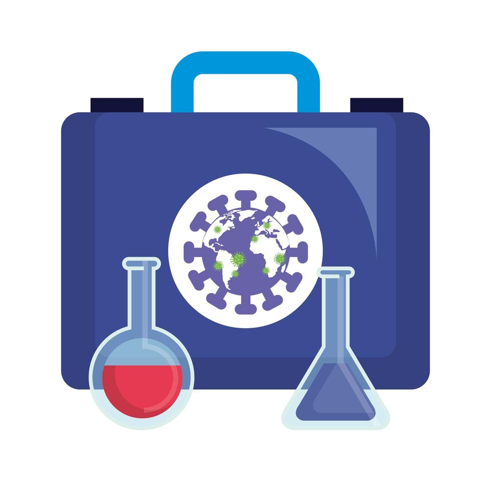 world planet with particles covid 19 in first aid kit and tubes test vector