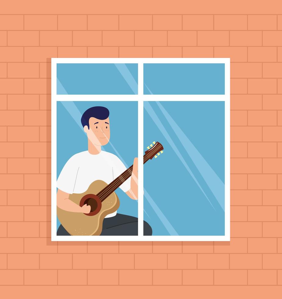 Joven quedarse en casa tocando la guitarra en la ventana vector