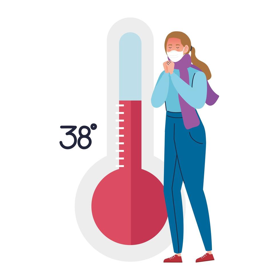 woman sick using face mask with thermometer vector