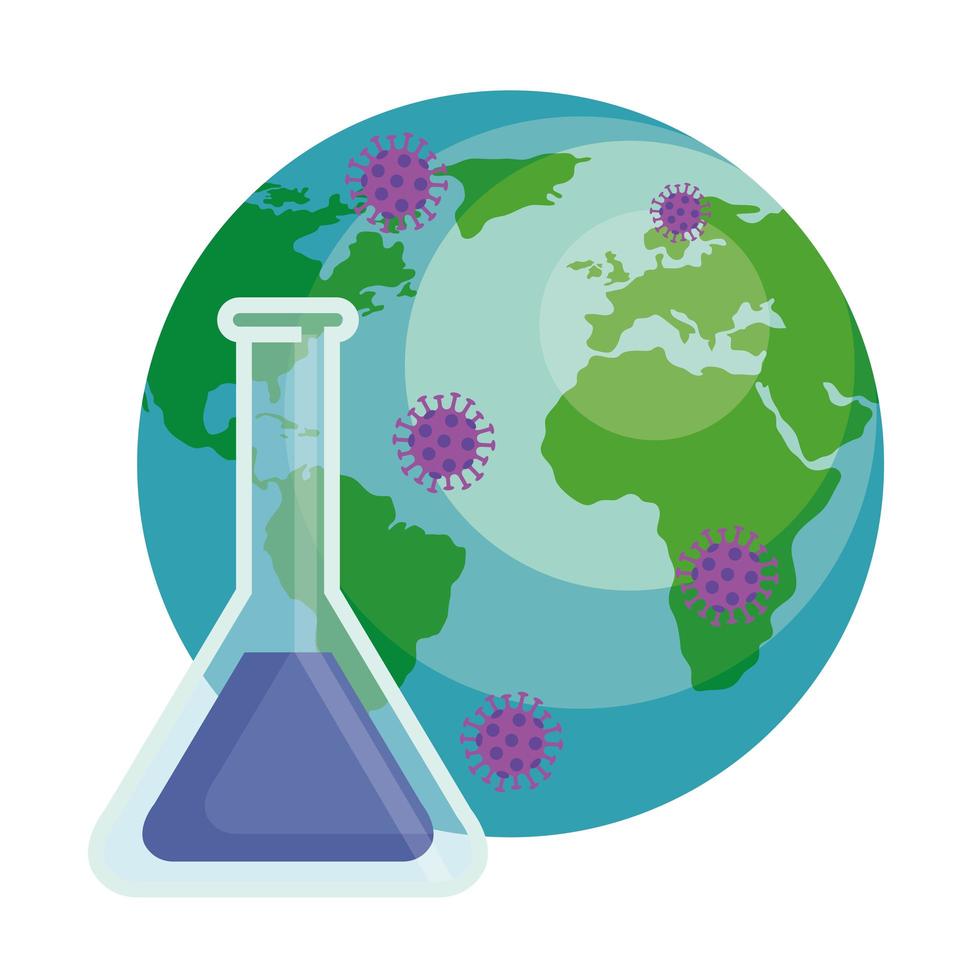 world planet with particles covid 19 and tube test vector