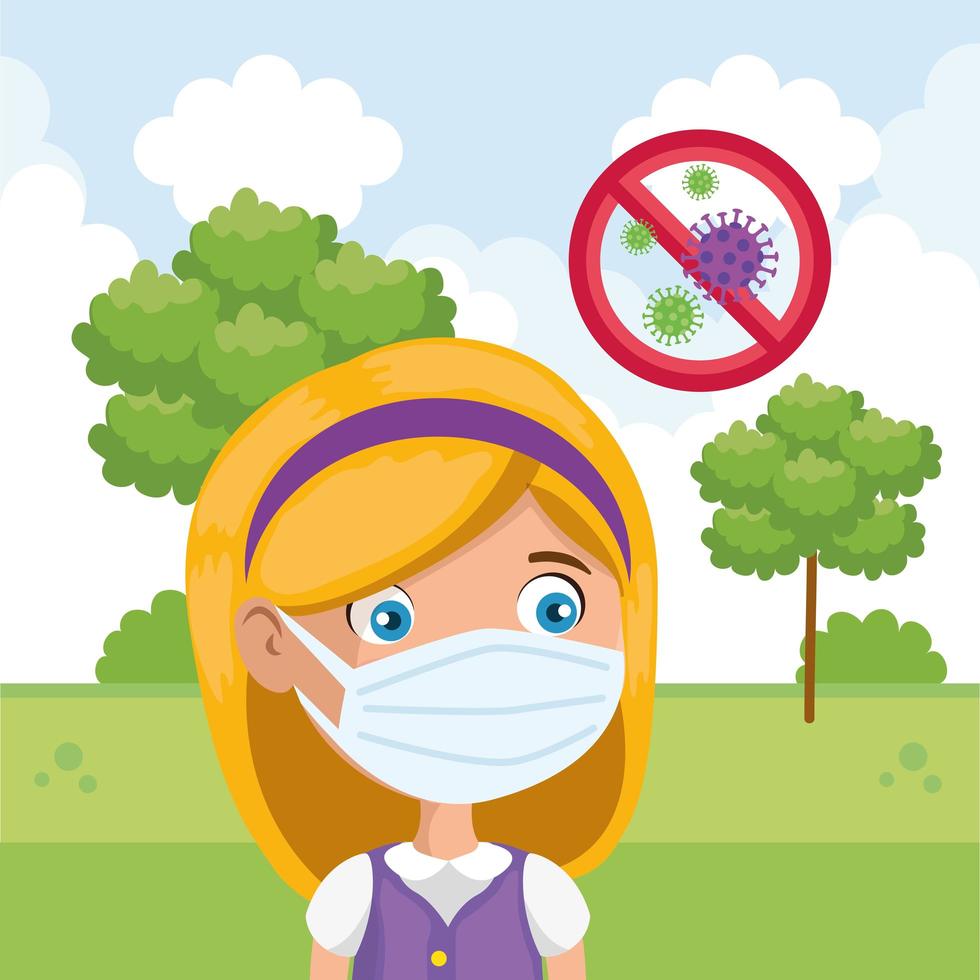 cute girl using face mask in landscape vector