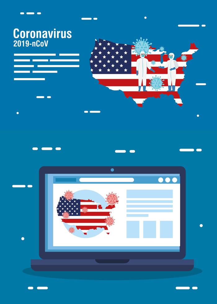 usa flag and map with covid19 in laptop vector