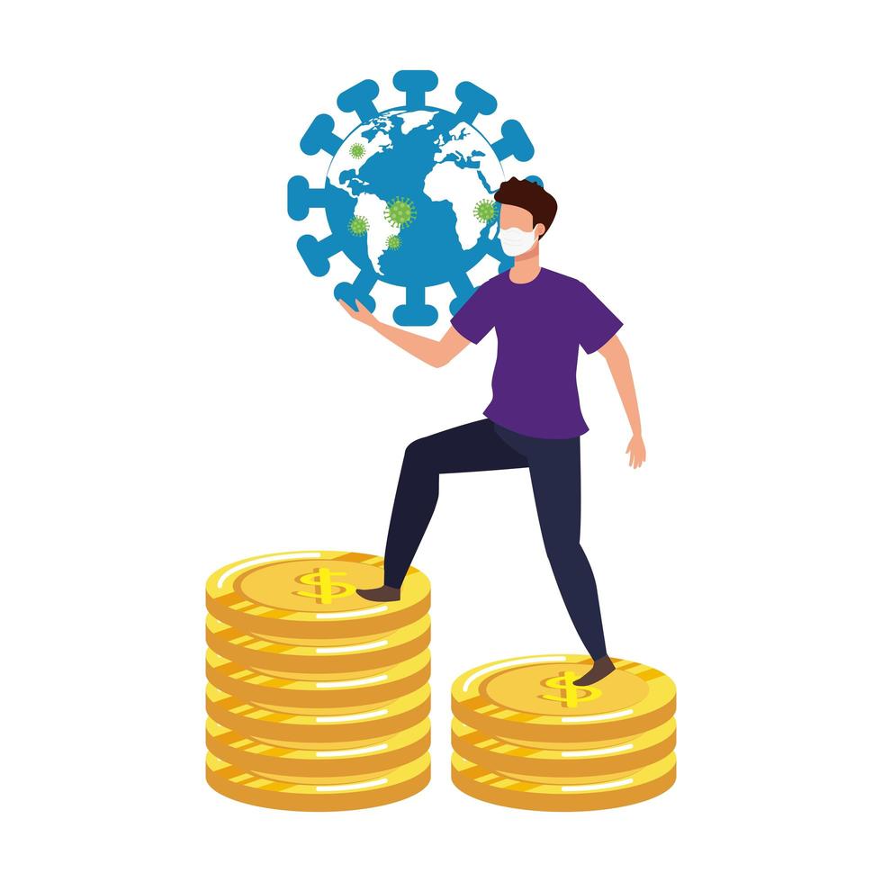 world planet with particles covid 19 and man in pile coins vector