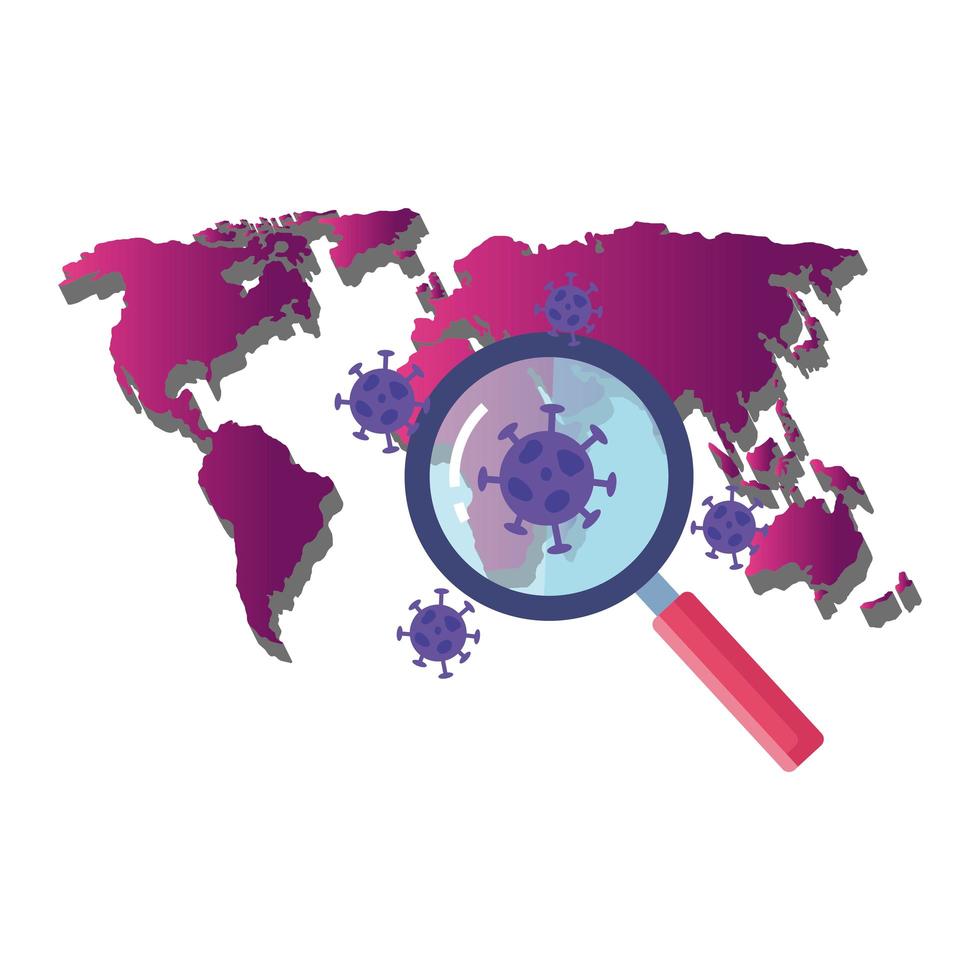 earth map with covid19 particles and magnifying glass vector