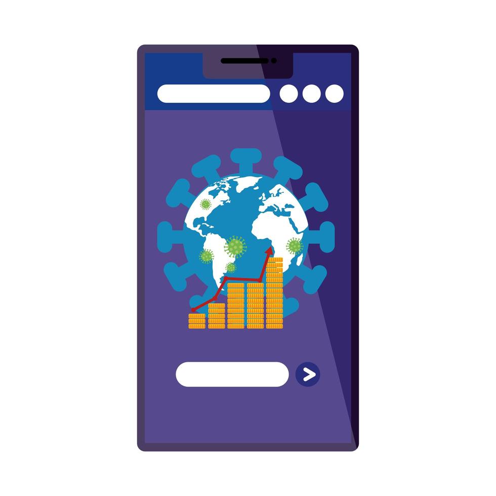earth planet of covid19 in smartphone with statistics pile coins vector