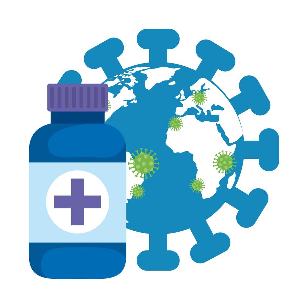 planeta mundial con partículas covid 19 y botella de medicina. vector