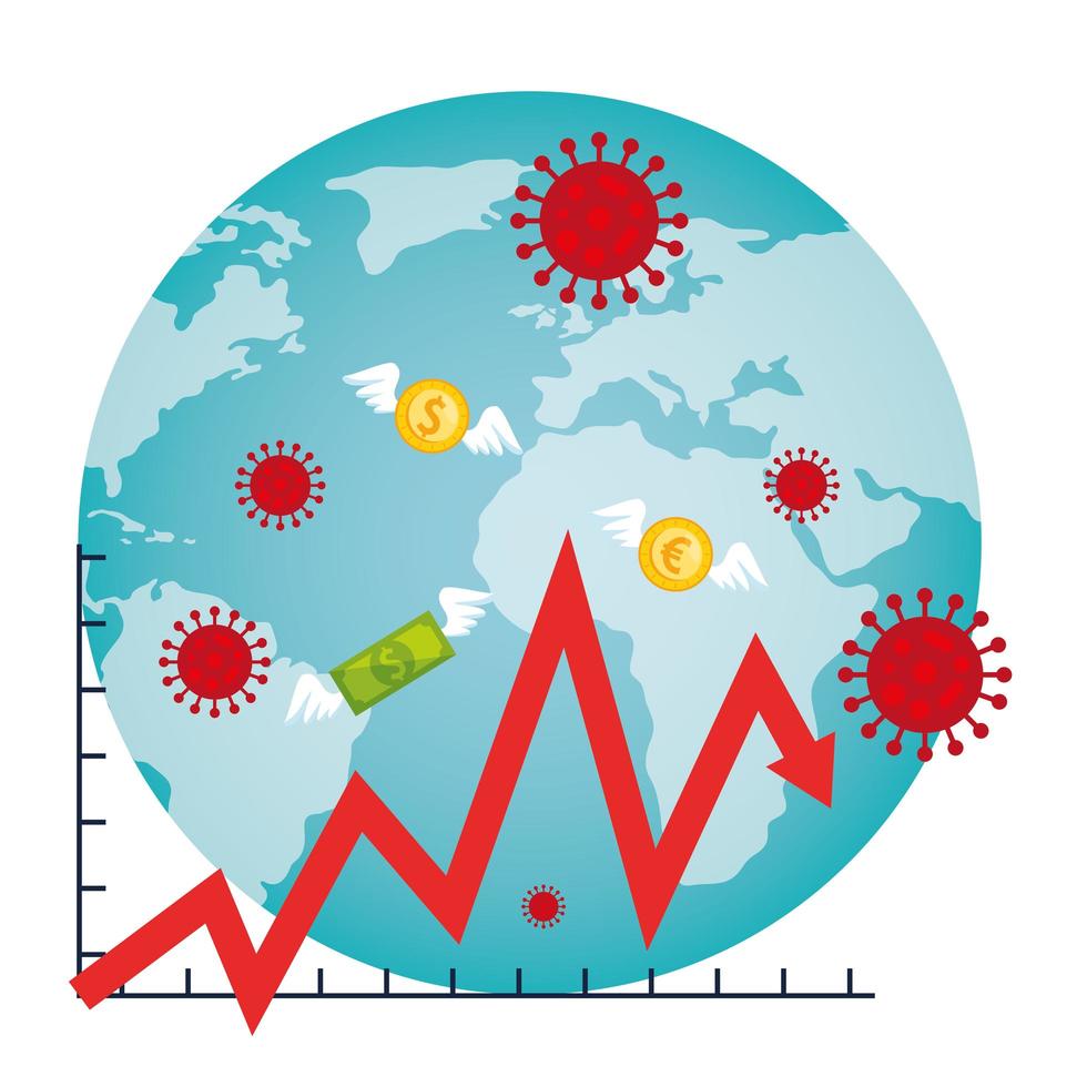 planeta tierra con partículas covid19 y flechas estadísticas vector