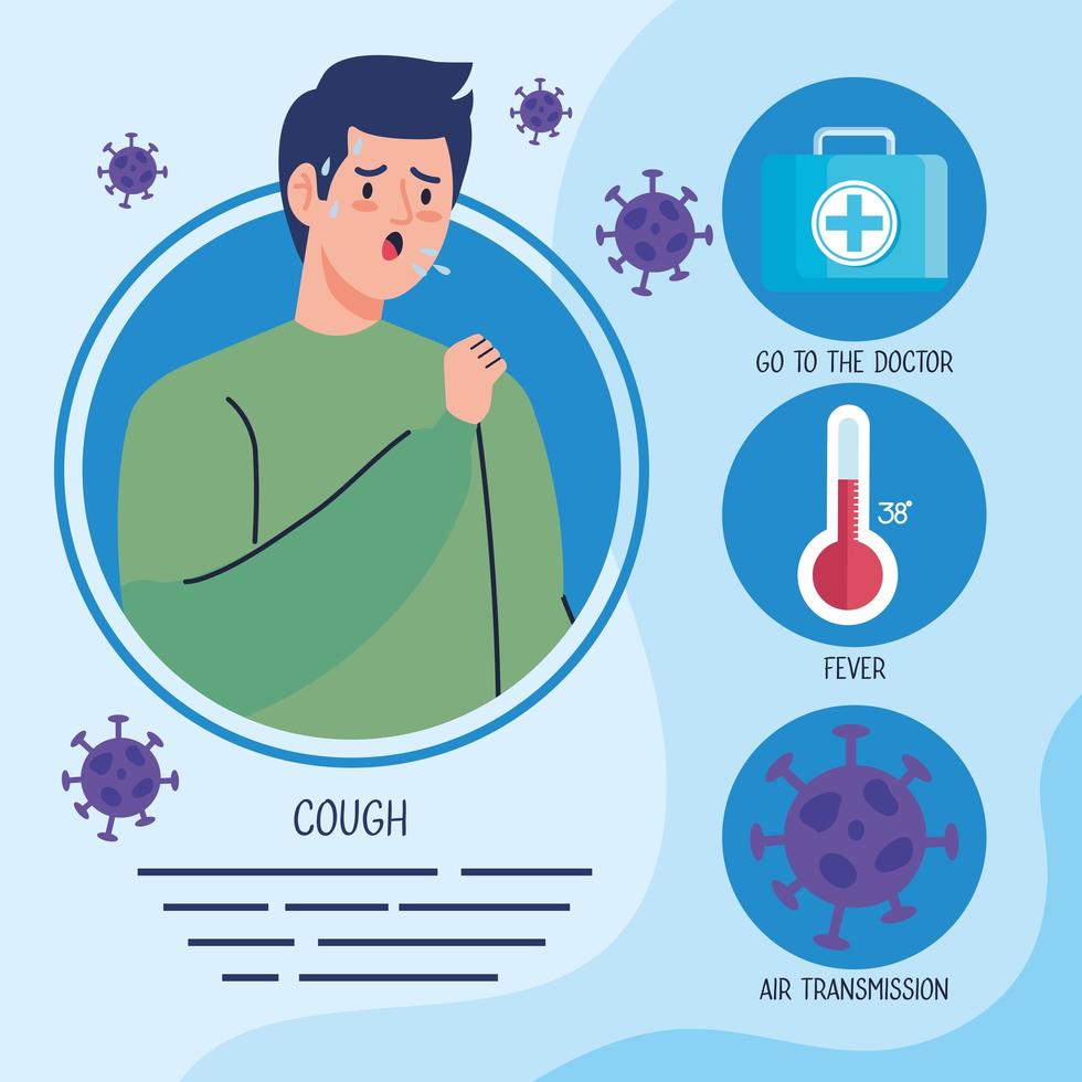 man sick with thermometer and covid particles vector