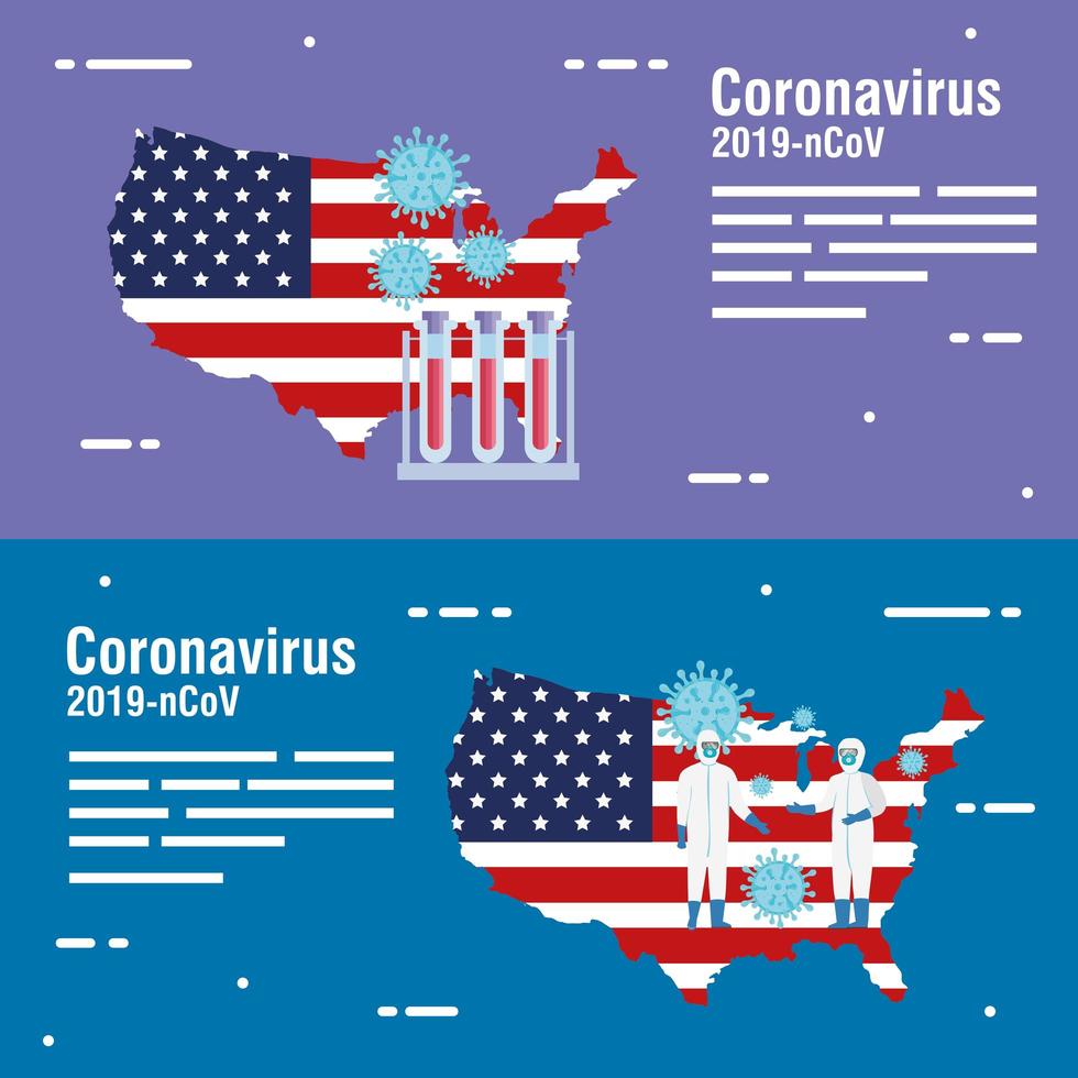 Mapa de Estados Unidos y bandera con pruebas de tubos y partículas covid19 vector