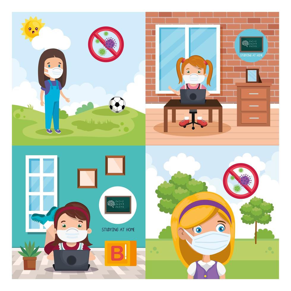set scenes of girls using face mask vector