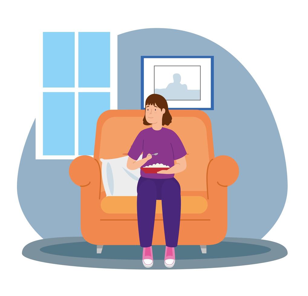 young woman eating in sofa vector