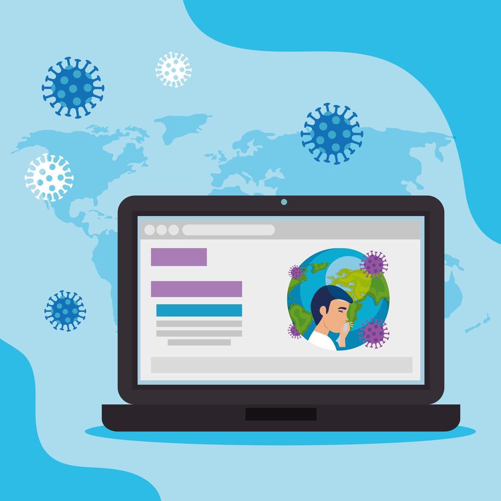 planet earth of covid19 in laptop with man sick vector