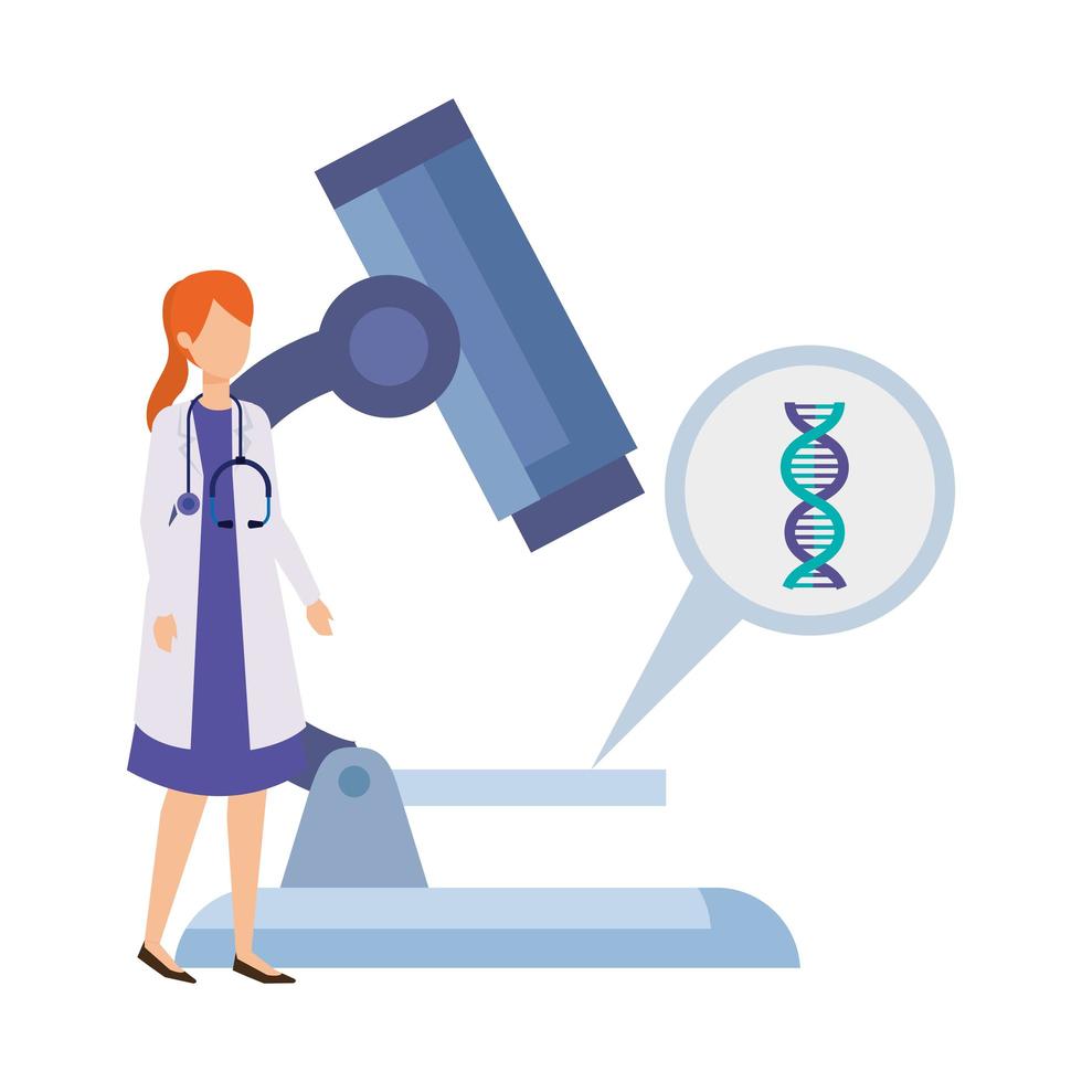 doctor female with microscope and dna structure vector