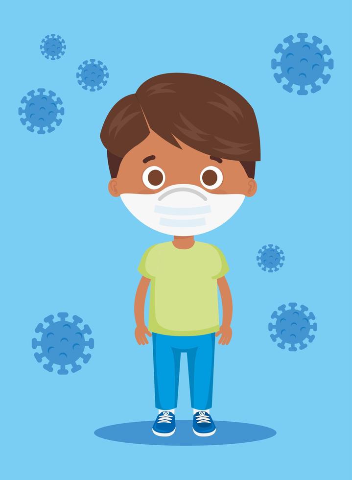 cute boy afro using face mask with particles covid 19 vector