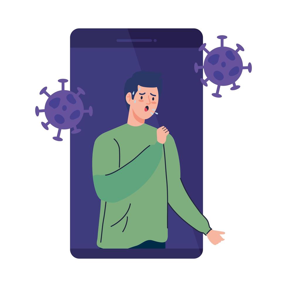 man sick in smartphone with covid19 particles vector