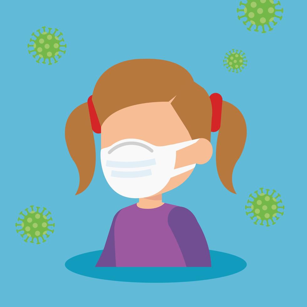 cute girl using face mask with particles covid 19 vector