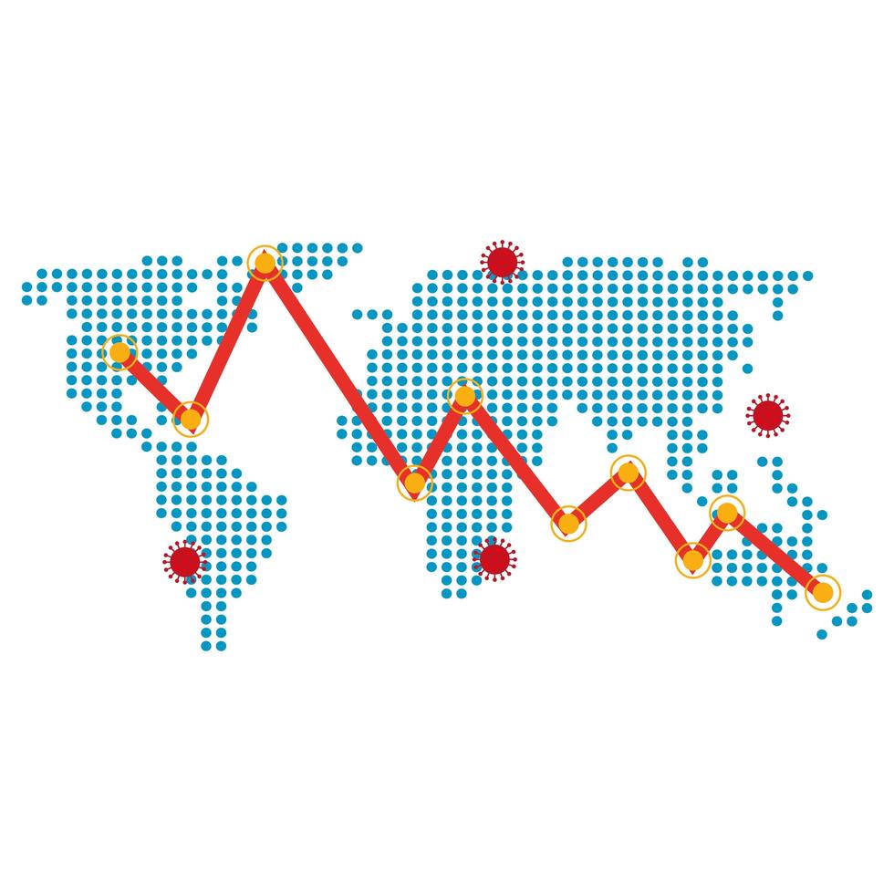 earth map with covid19 particles and statistics arrow vector