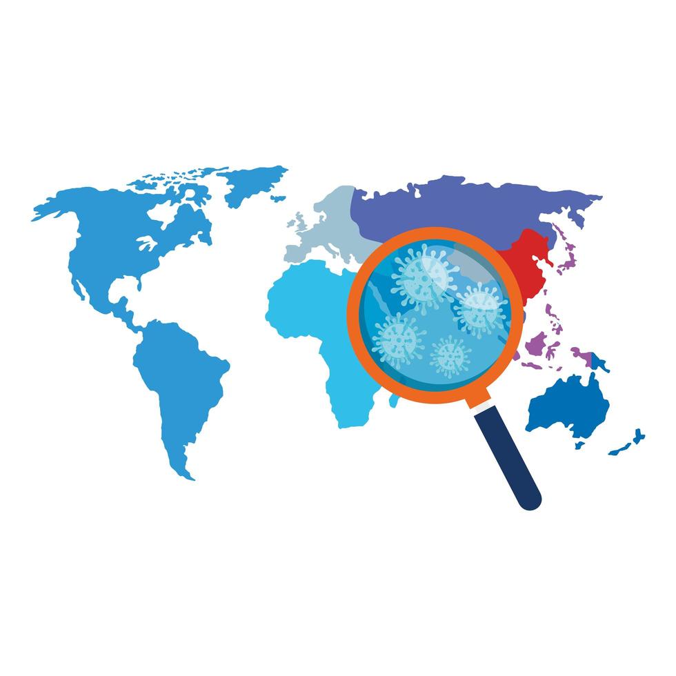 earth map with covid19 particles and magnifying glass vector