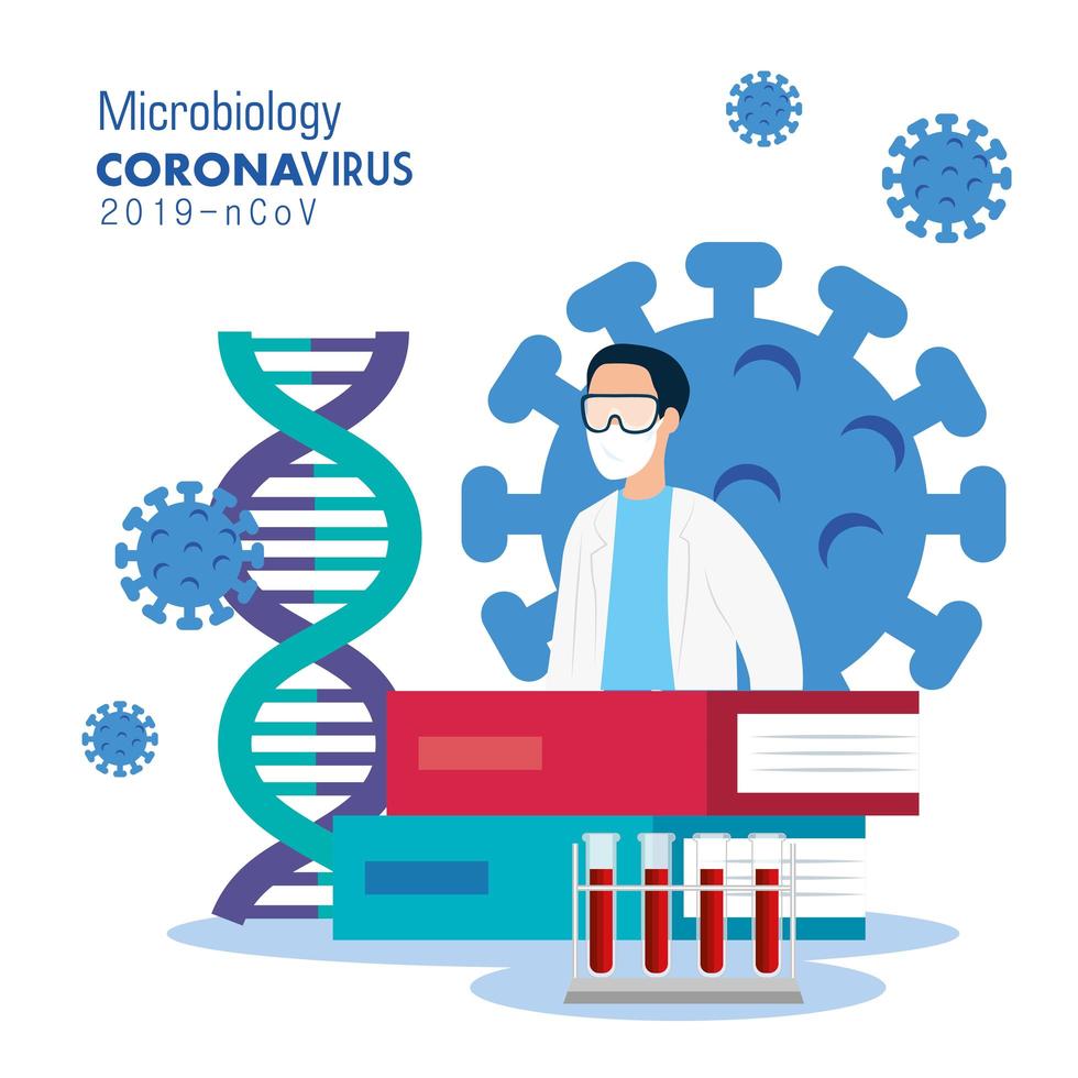 microbiología para covid 19 con médico e iconos médicos vector