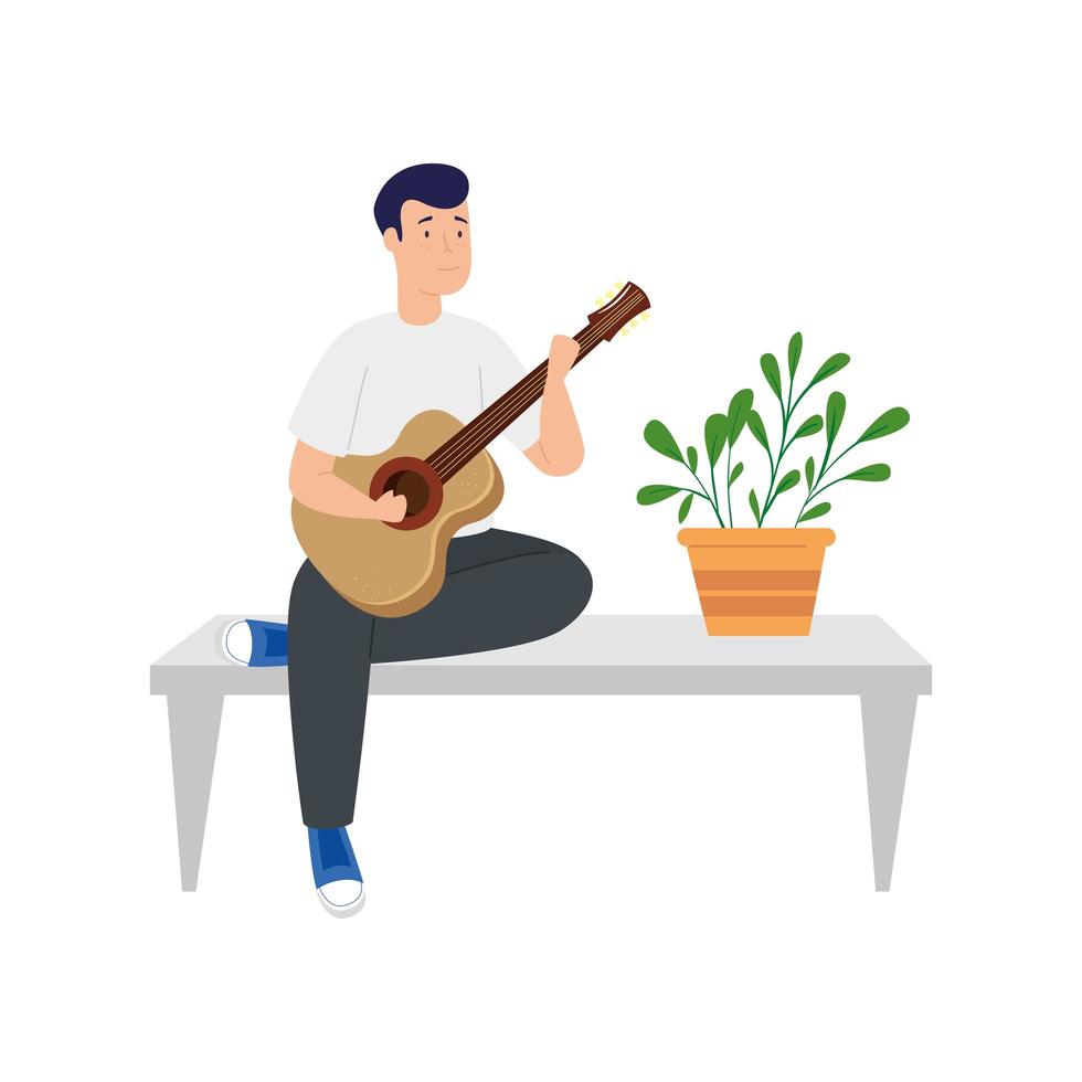 young man stay at home playing guitar in table vector