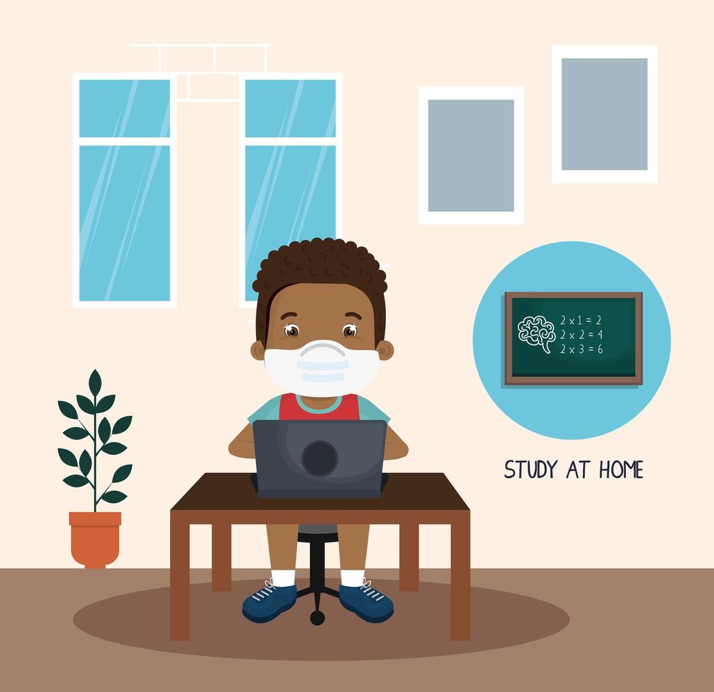 campaña de estancia en casa con niño afro estudiando en línea vector