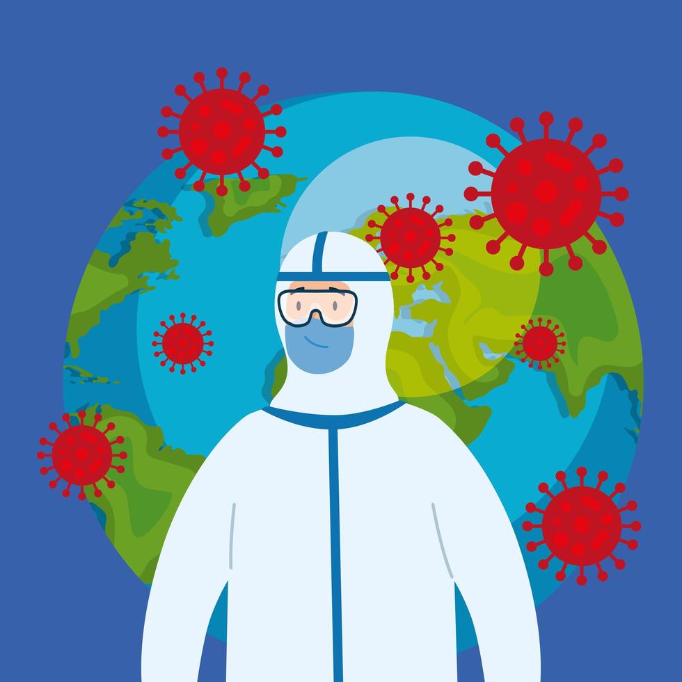 planet earth with covid19 particles and biosafety worker vector