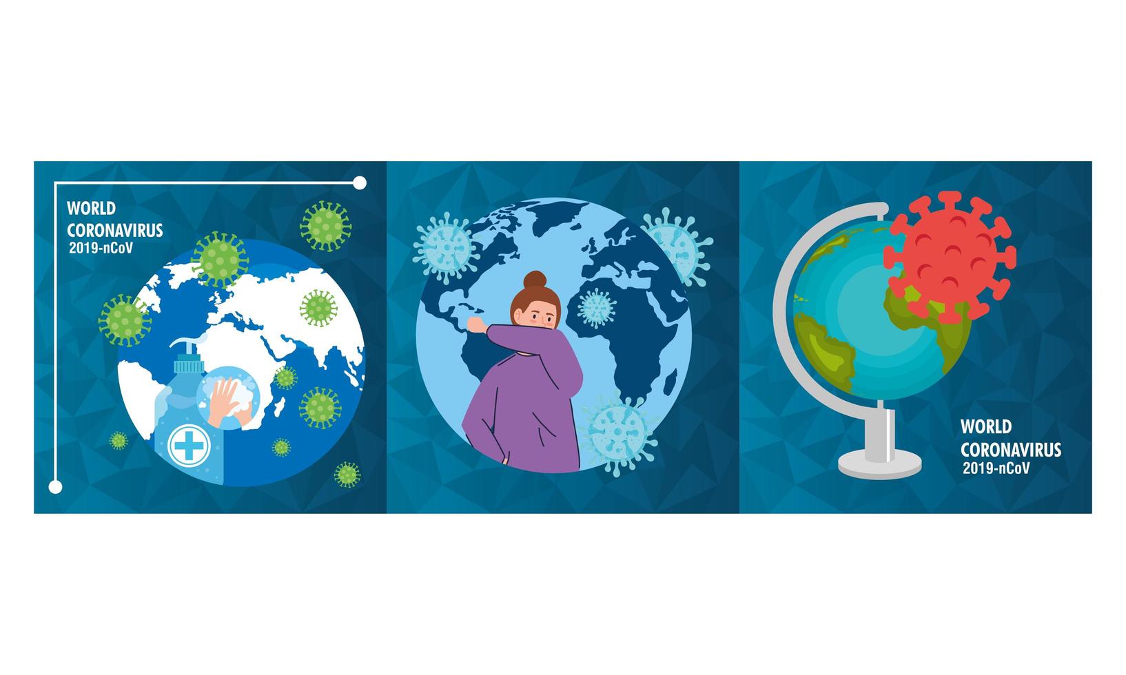 planet earth with covid19 particles set icons vector