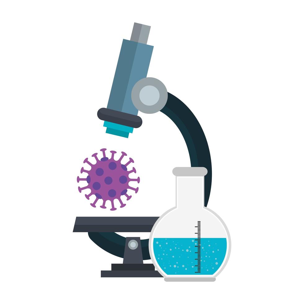 microscopio con partículas de covid 19 y tubo de ensayo vector