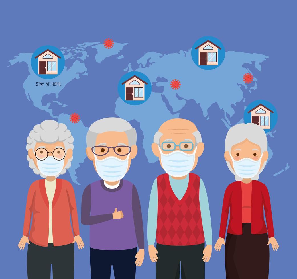 old people using face mask for covid19 and earth map vector