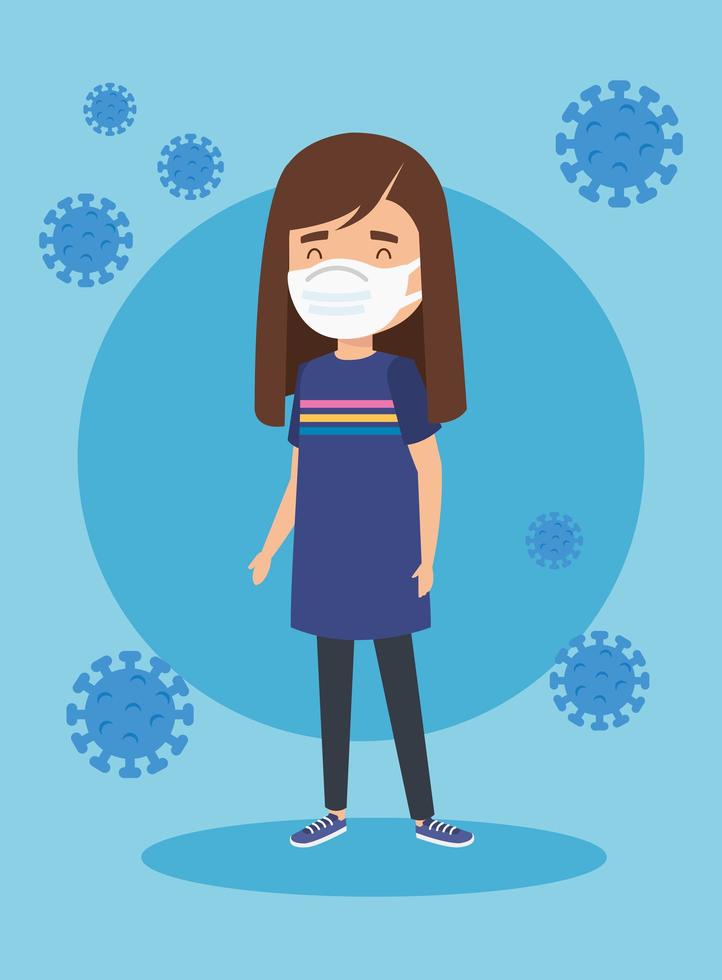 cute girl using face mask with particles covid 19 vector