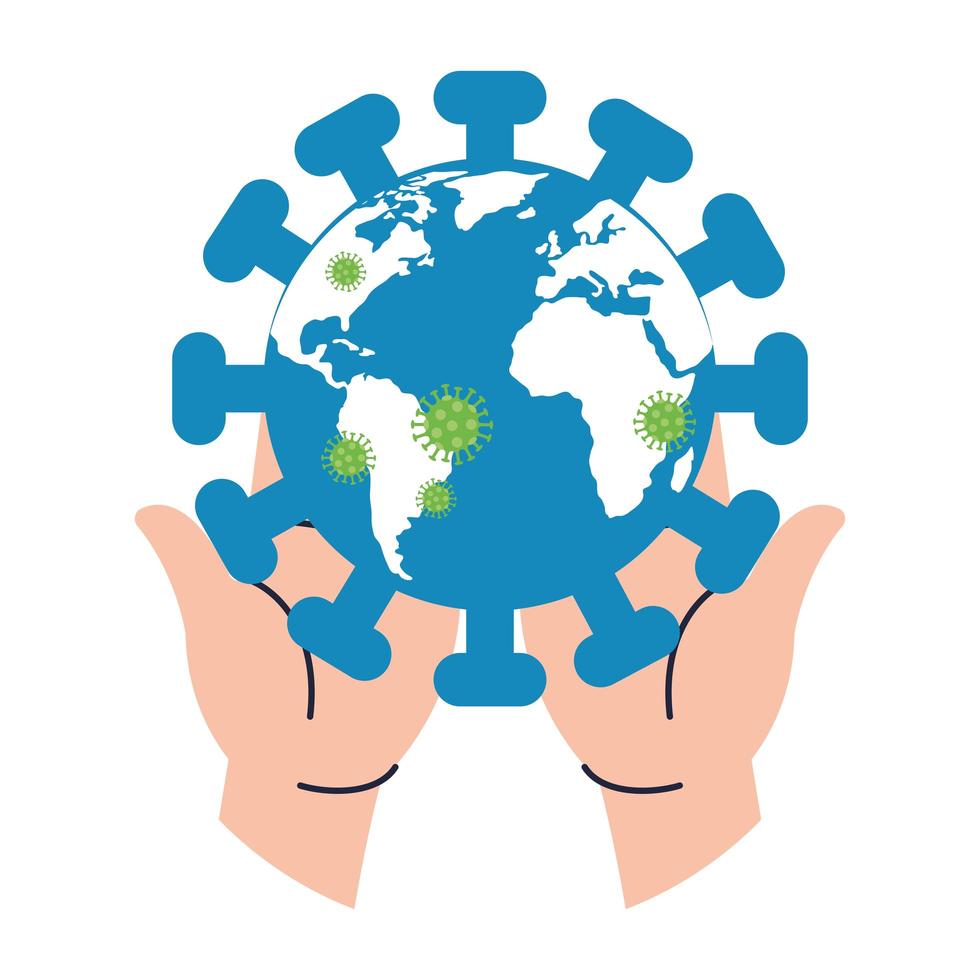 hands lifting planet earth with covid19 particles vector