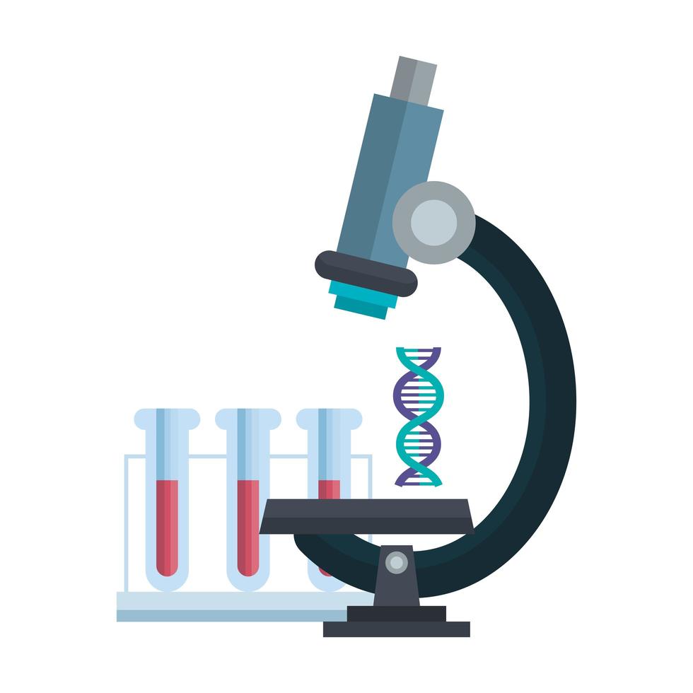 Laboratorio de microscopio con estructura de ADN y prueba de tubos. vector