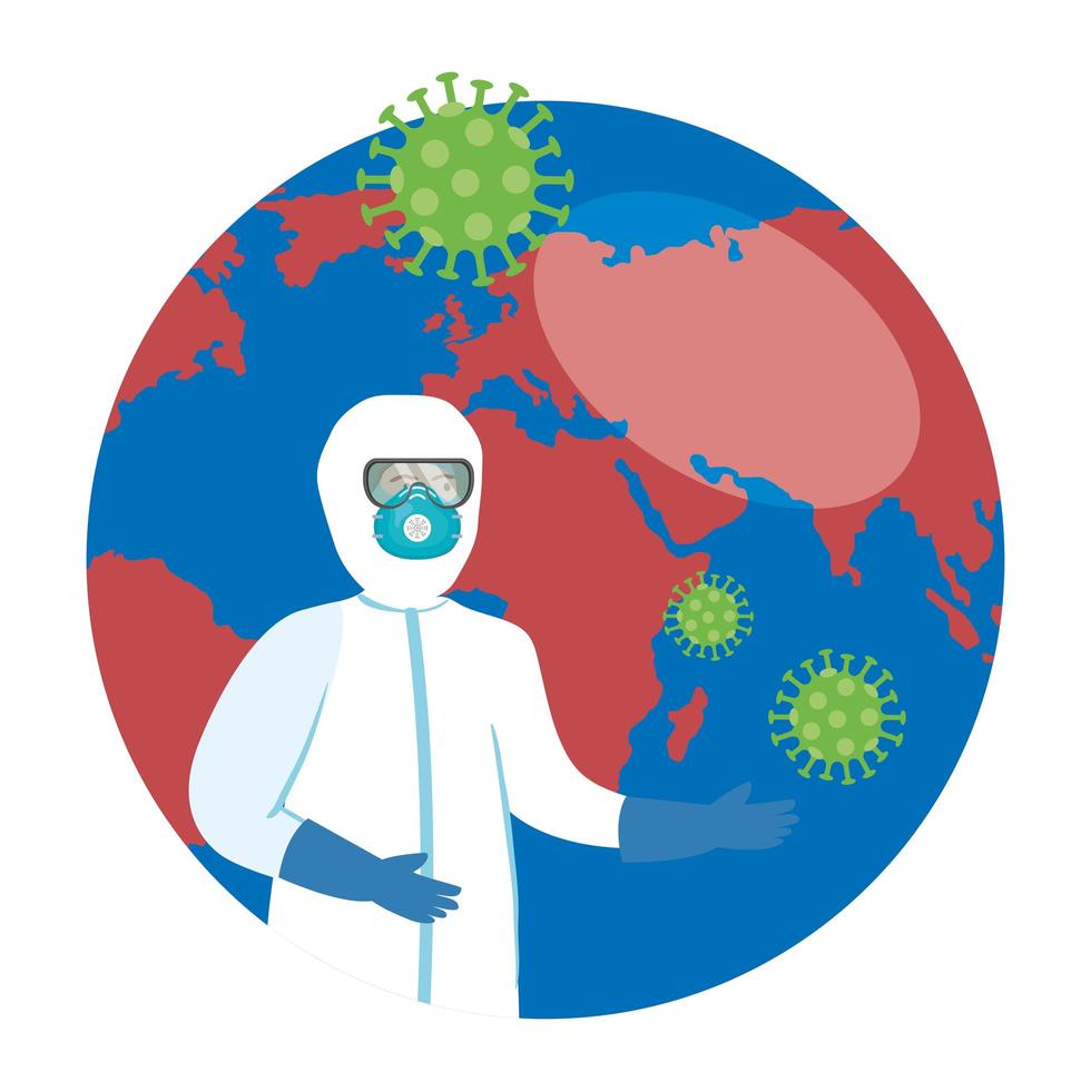 planet earth with covid19 particles and biosafety worker vector