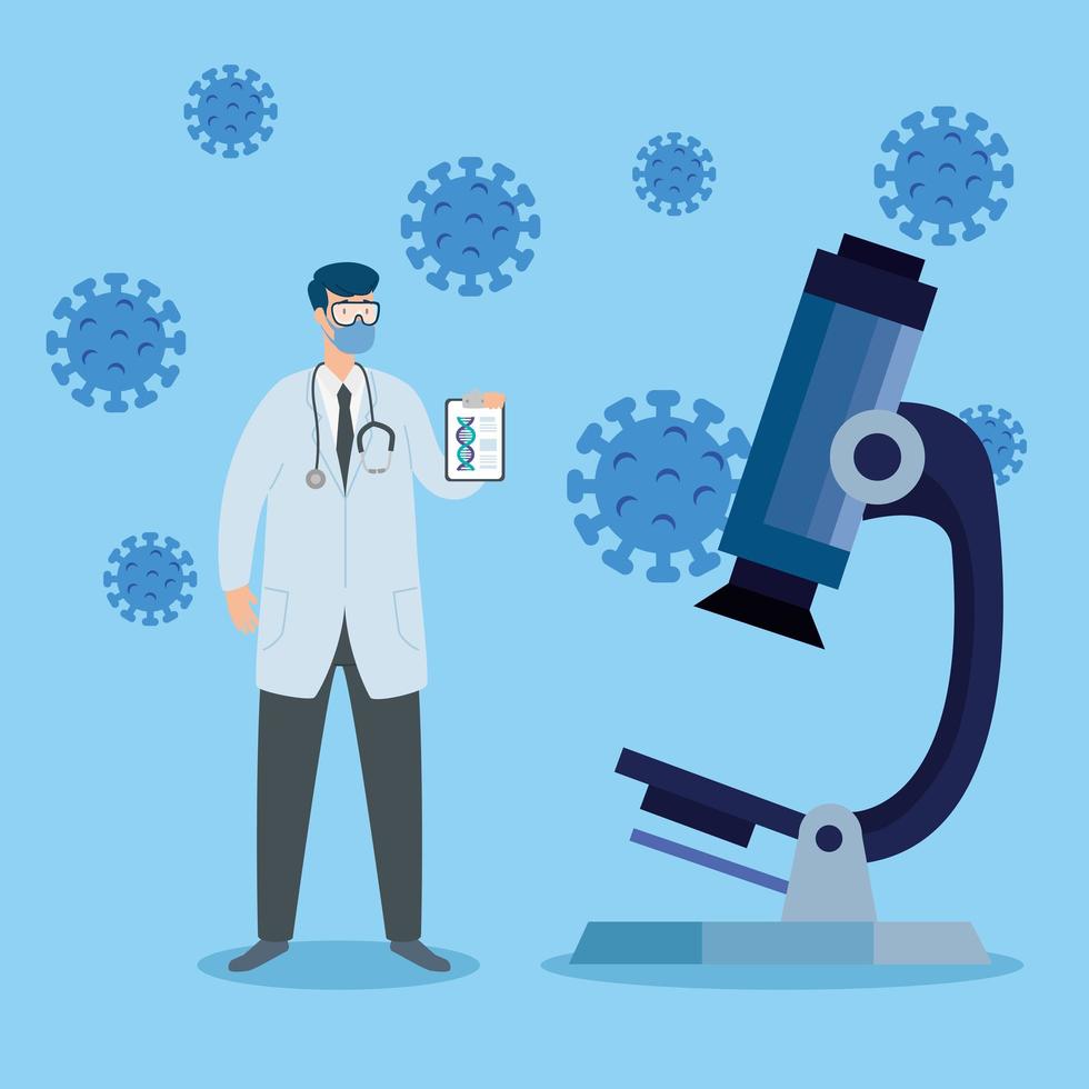 doctor using face mask with microscope and particles covid 19 vector