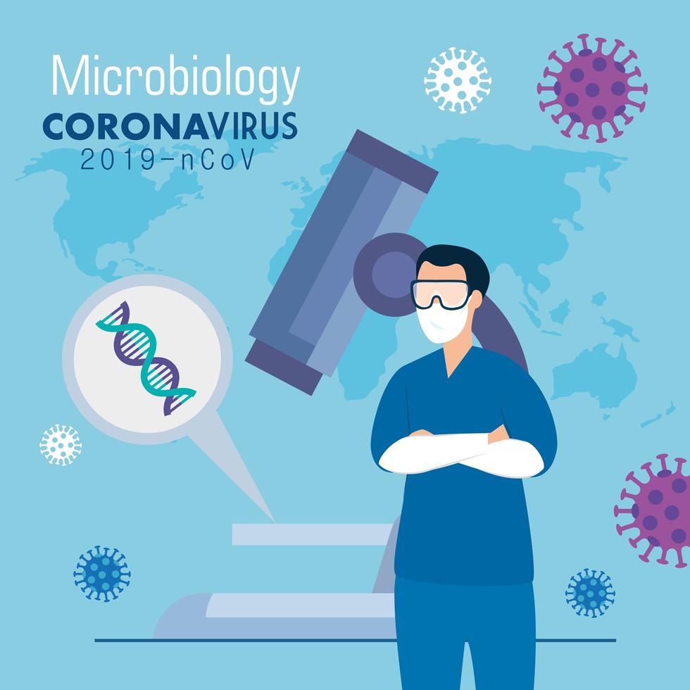 microbiology for covid 19 with paramedic and medical icons vector