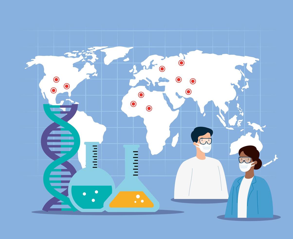 médicos que usan mascarilla con mapa del mundo e iconos médicos vector