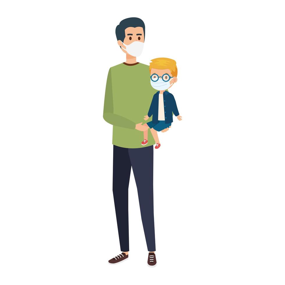 father with son using face mask vector