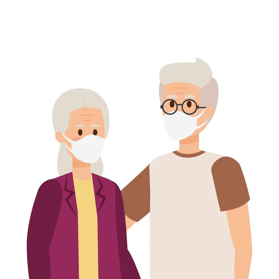 grandparents couple using face mask vector